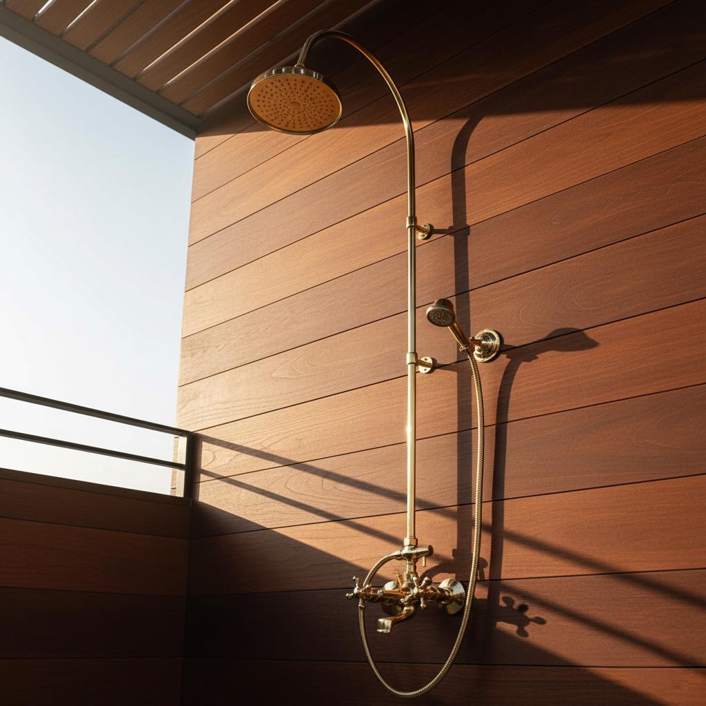 Curved Brass Shower System – Unlacquered Solid Brass Gooseneck Rain Shower with Handheld Sprayer