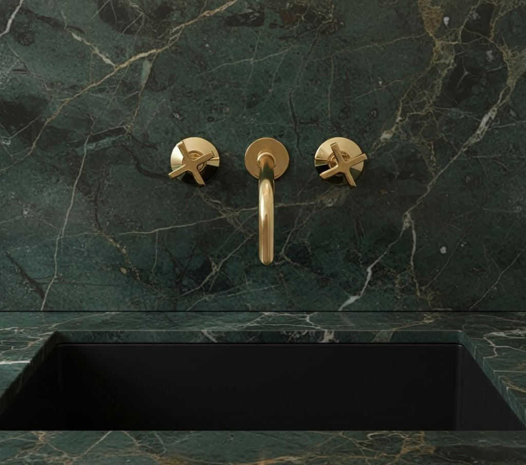 Unlacquered Brass Wall-Mount Faucet – Handmade Solid Brass Modern Cross Handle Bathroom Tap
