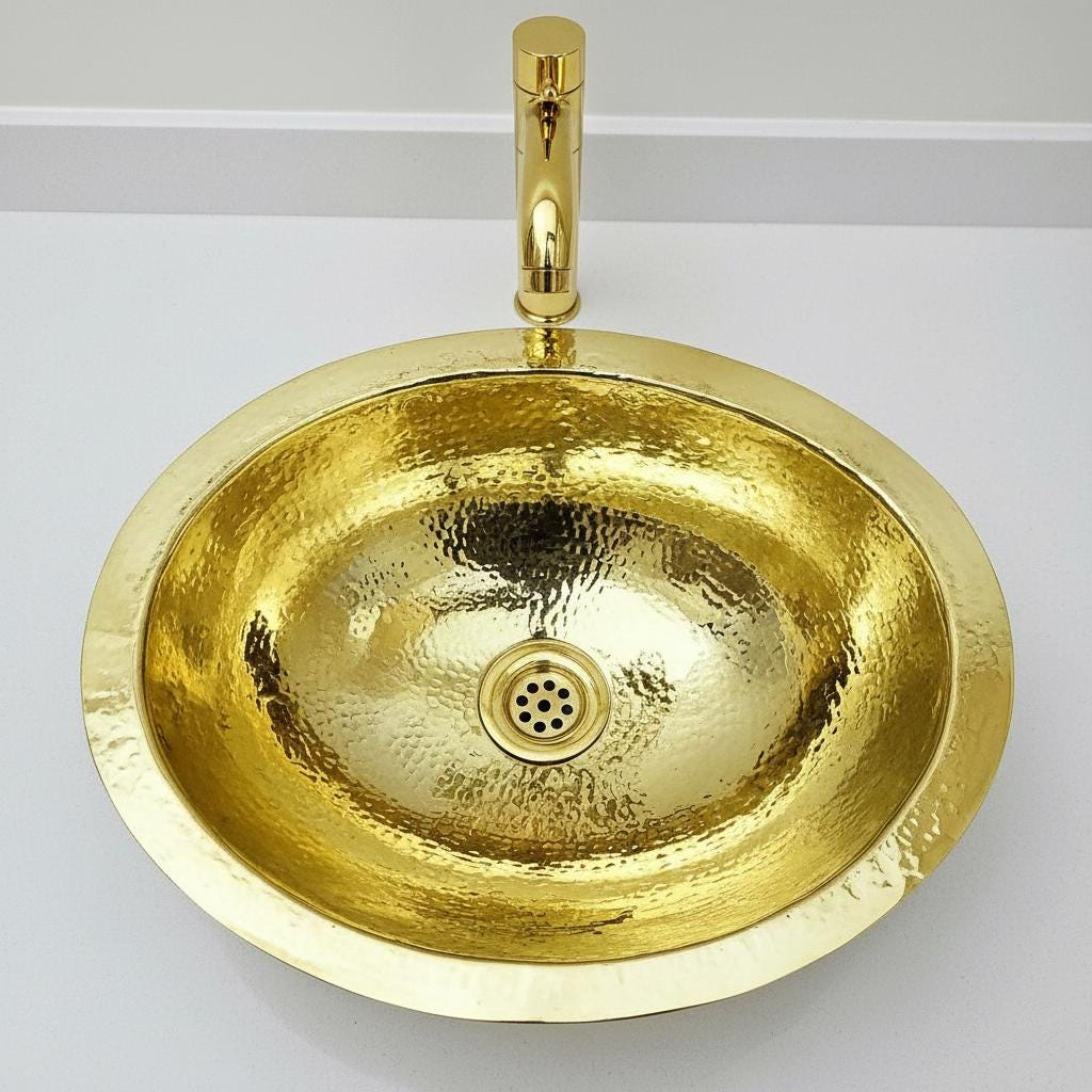 Handmade Oval Brass Bathroom Basin – Hammered Brass Vanity Wash Bowl, Countertop Brass Sink for Bathroom or Powder Room
