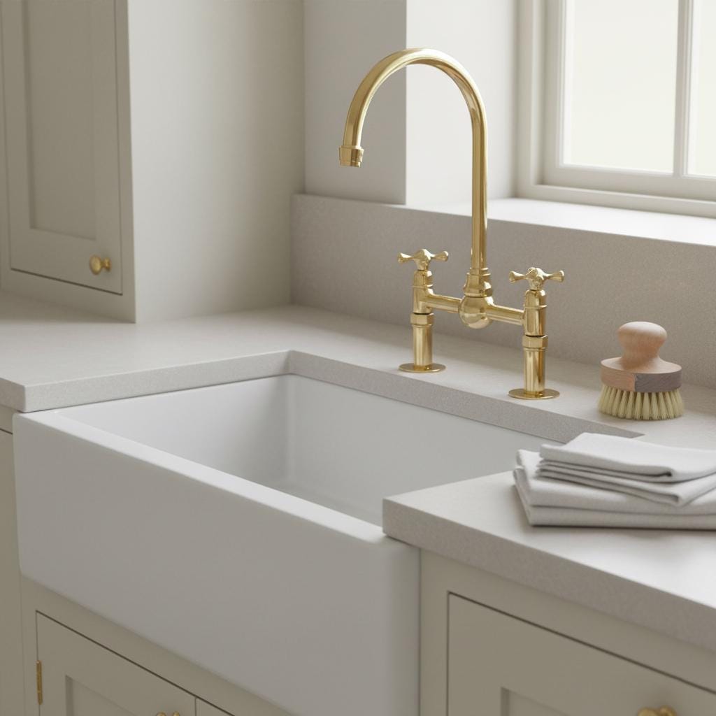 Unlacquered Brass Bridge Faucet – Solid Brass Kitchen Mixer Tap, Luxury Gooseneck Farmhouse Sink Fixture