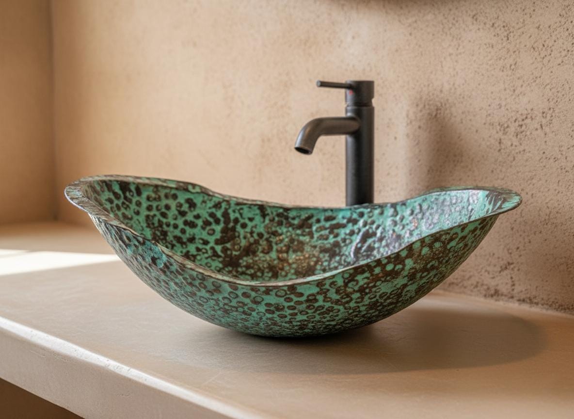 Handmade Sculpted Turquoise Patina Copper Vessel Sink for Artistic Luxury Bathroom Vanity Designs