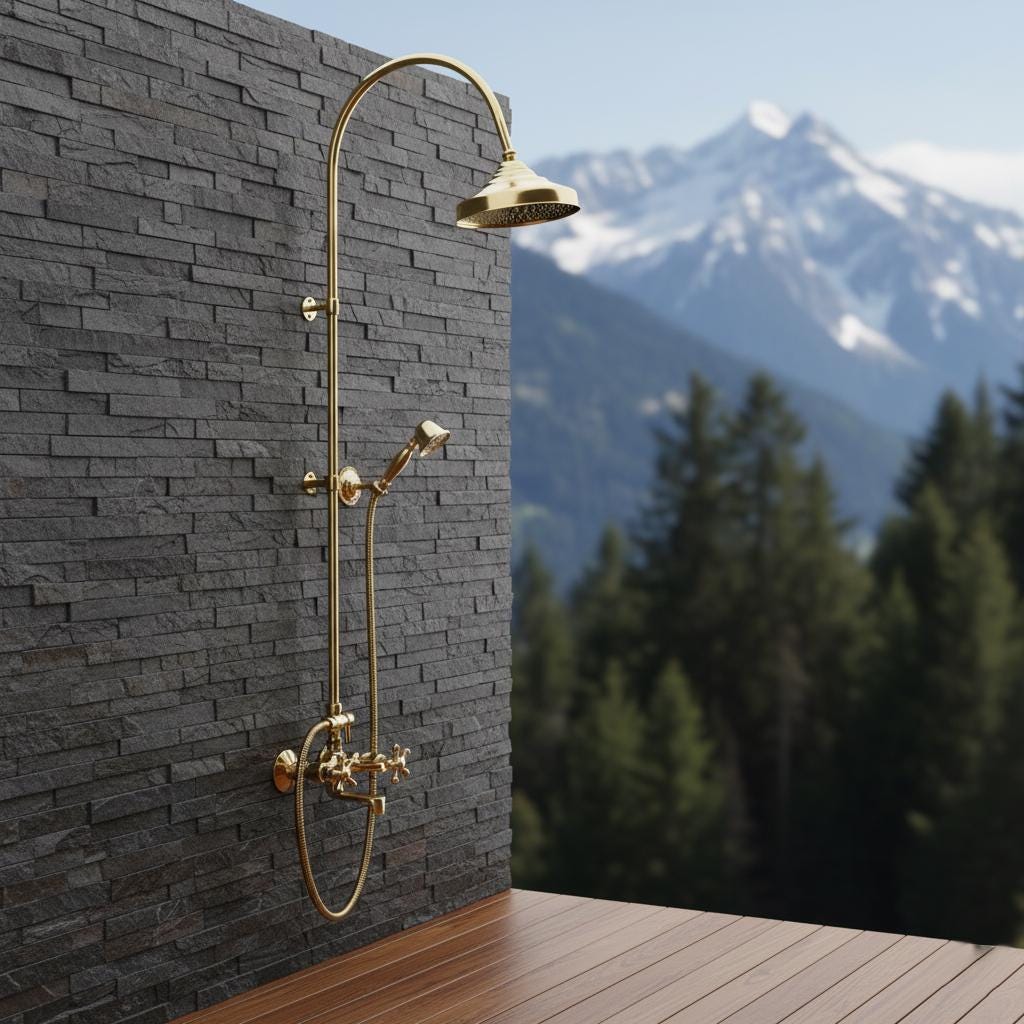 Curved Brass Shower System – Unlacquered Solid Brass Gooseneck Rain Shower with Handheld Sprayer