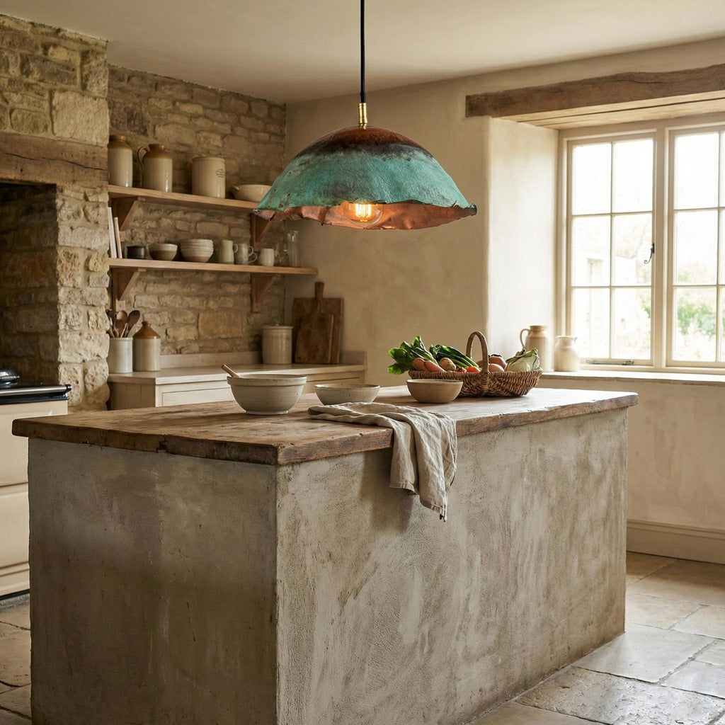 Handcrafted Copper Pendant Light with Fire Finish and Verdigris Patina Exterior Dome