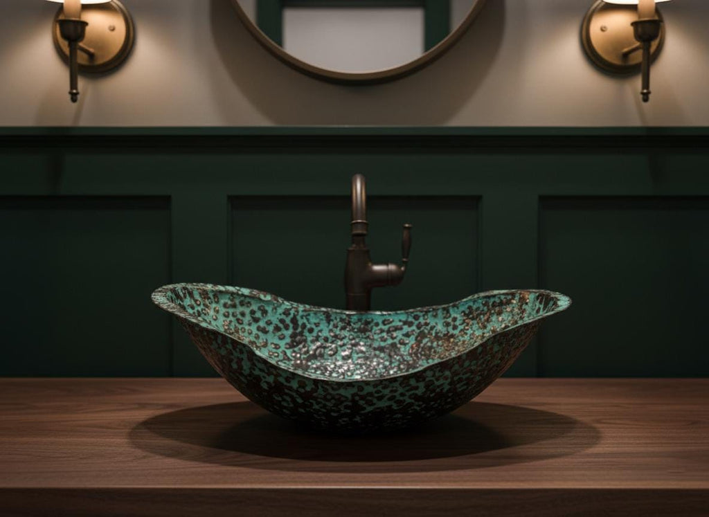 Decorative copper sink with a rustic finish on a wooden surface, with a dark green wall and round mirror in the background.