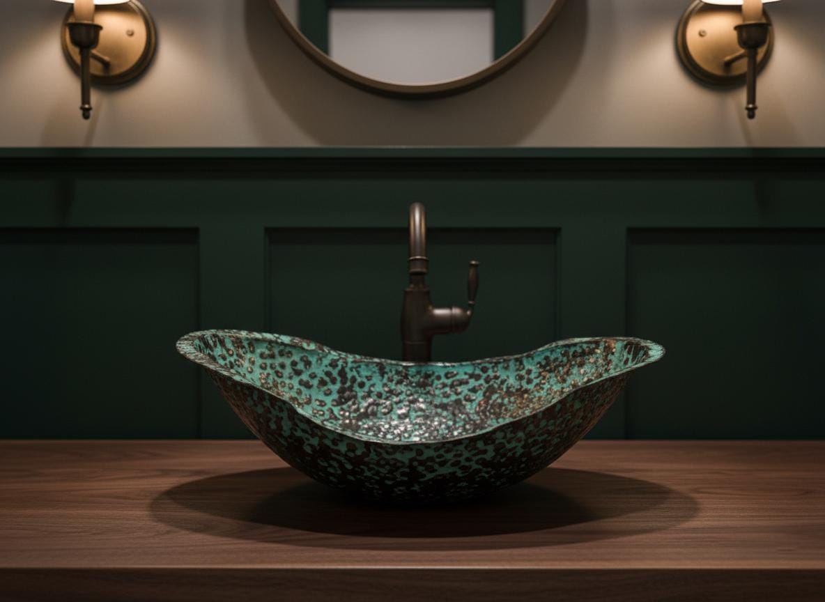 Decorative copper sink with a rustic finish on a wooden surface, with a dark green wall and round mirror in the background.