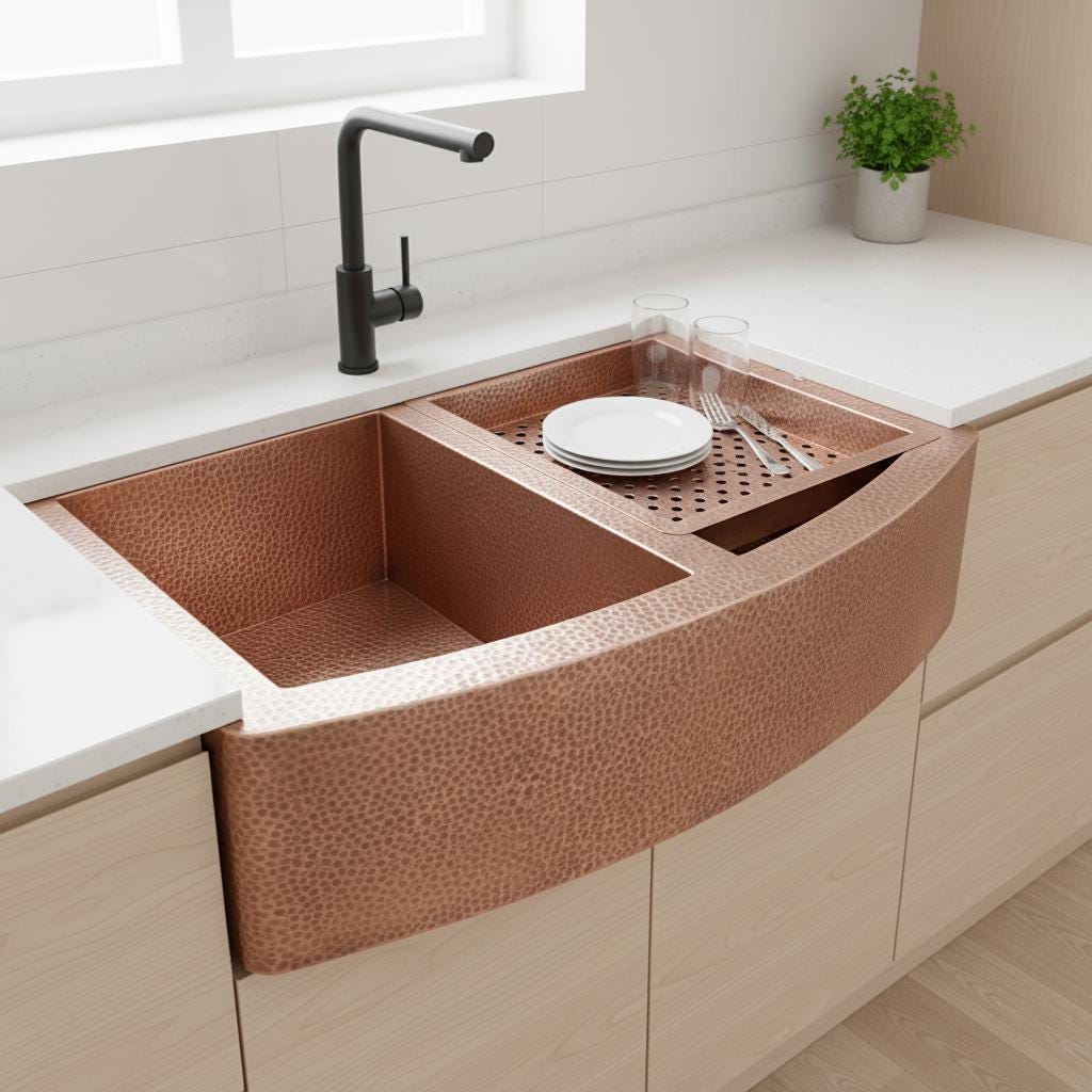 Handmade Hammered Copper Farmhouse Workstation Sink with Apron Front and Removable Prep Tray