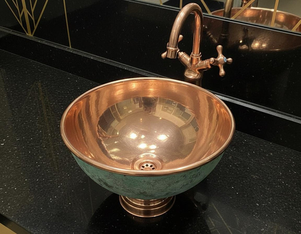 Handmade Turquoise Patina Copper Vessel Sink with Faucet for Luxury Artisan Bathroom Vanity Designs