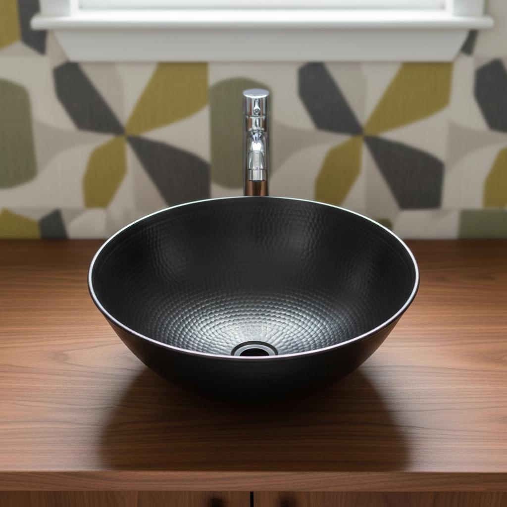 Handmade Hammered Round Vessel Sink Solid Copper Basin with Matte Black Finish for Elegant Luxury Interiors