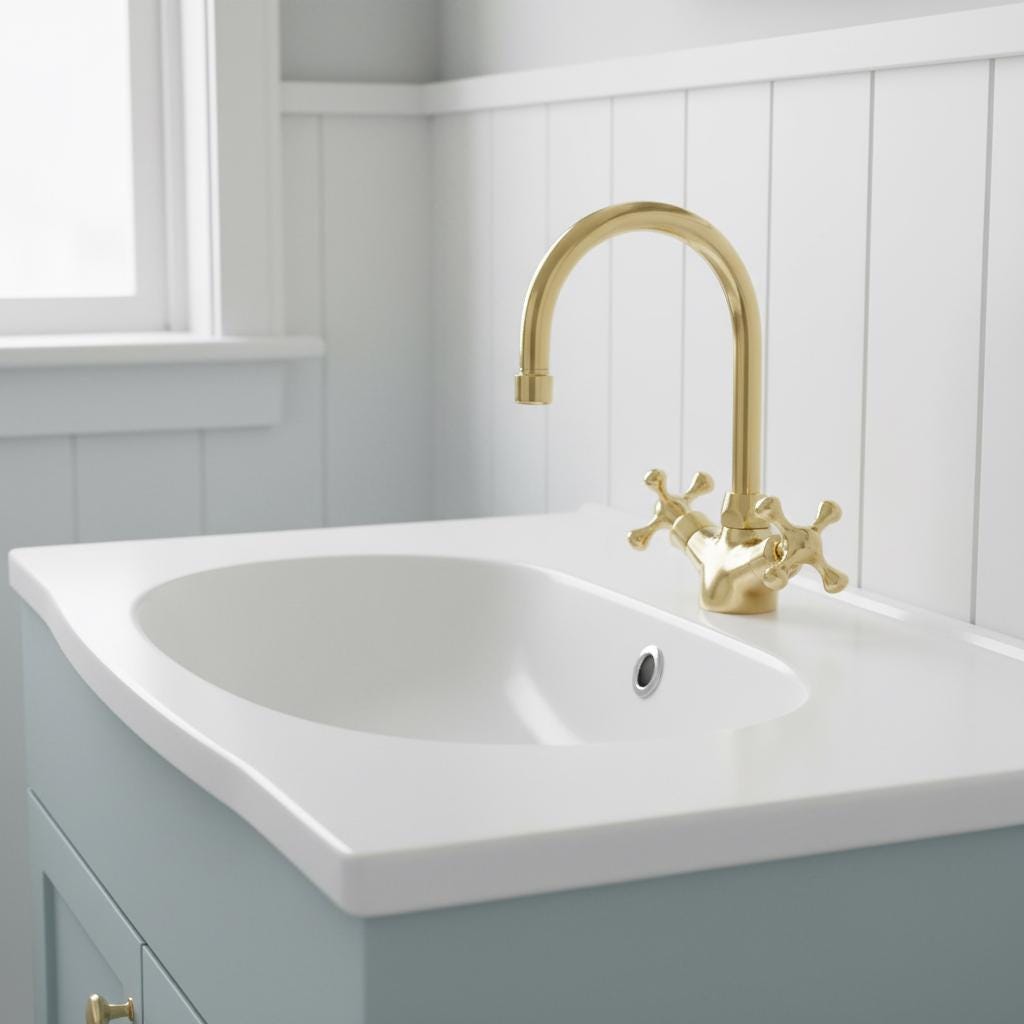 Unlacquered Brass Bathroom Faucet – Handmade Solid Brass Vanity Sink Mixer Tap with Cross Handles