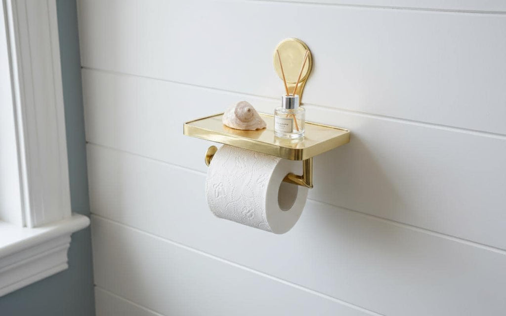 Gold toilet paper holder with a roll of toilet paper and small container on a white wall.