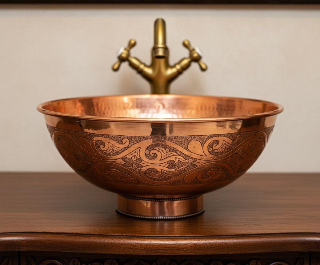 Handmade Solid Copper Vessel Sink with Engraved Bowl Design, Bathroom Vanity Countertop Basin