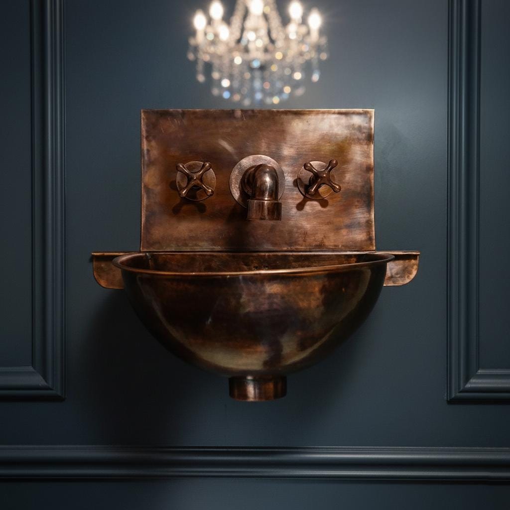 Handmade Aged Patina Copper Wall Mounted Bathroom Sink with Integrated Backsplash and Matching Mixer Faucet