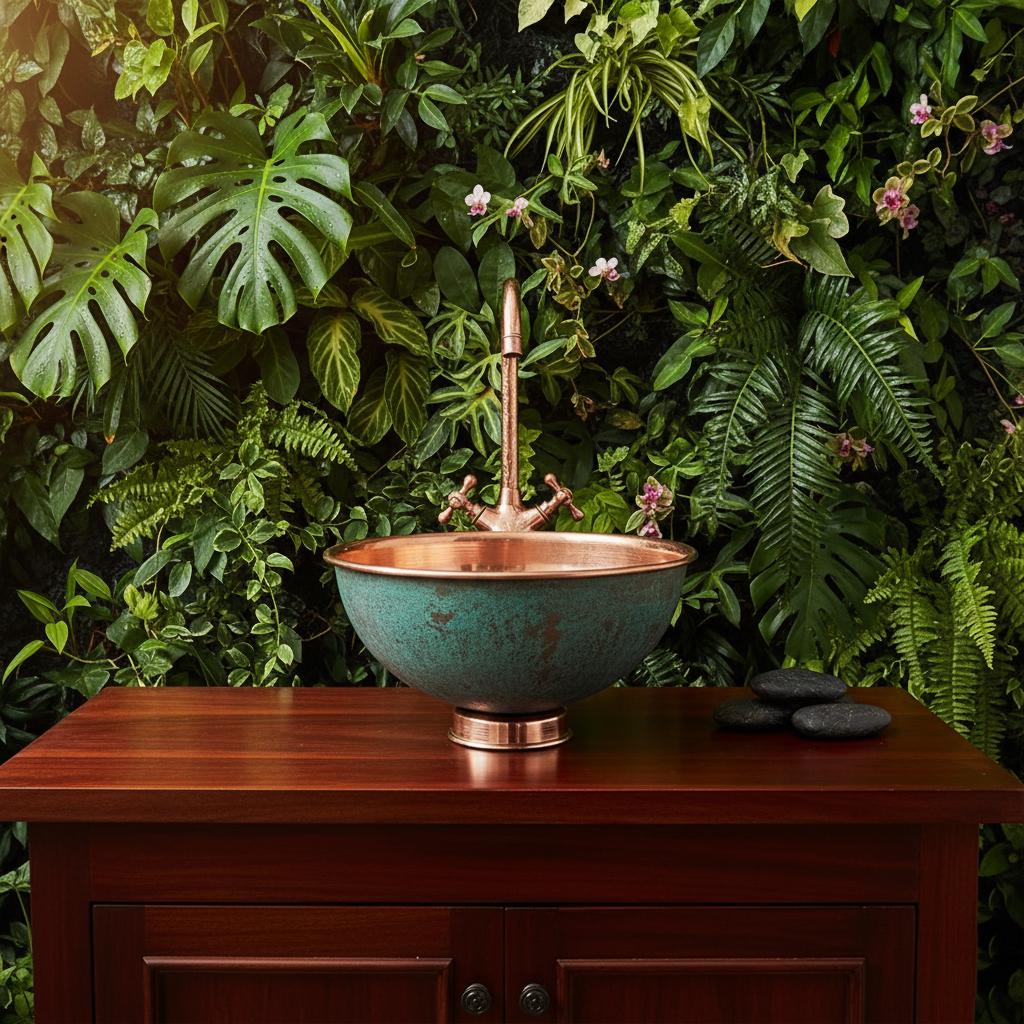 Handmade Turquoise Patina Copper Vessel Sink with Faucet for Luxury Bathroom Vanity Decor