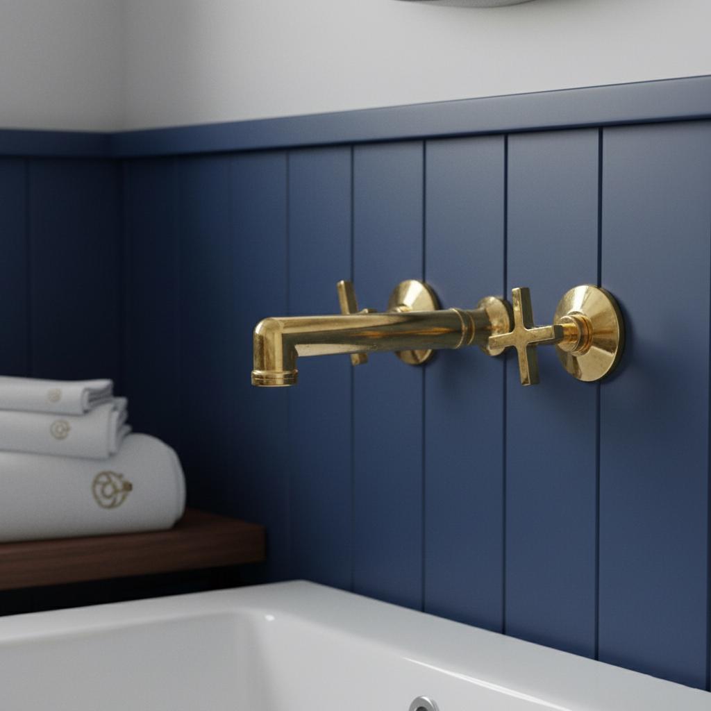 Unlacquered Solid Brass Wall Mount Faucet – Modern Cross Handle Bathroom or Vanity Sink Tap