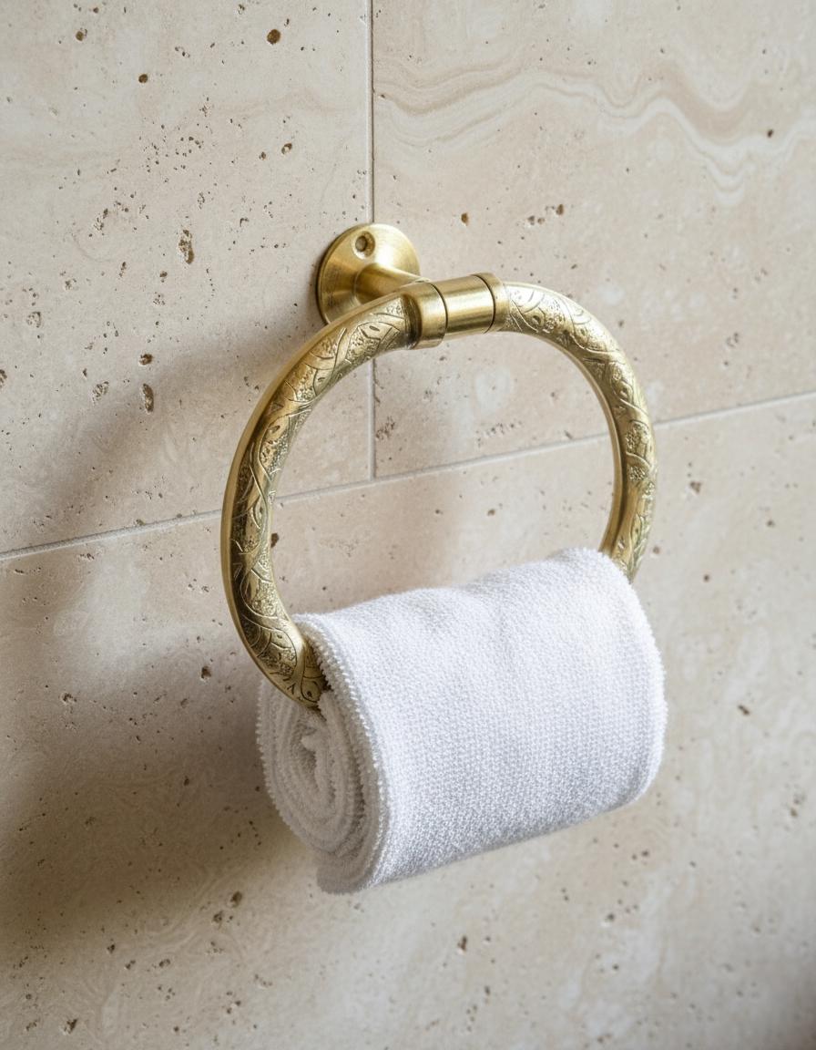 Gold towel ring with a white towel on a beige tiled wall