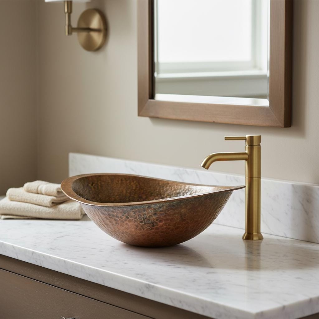 Handmade Hammered Copper Vessel Sink: Oval Bathroom Countertop Basin, Rustic Farmhouse Copper Wash Bowl