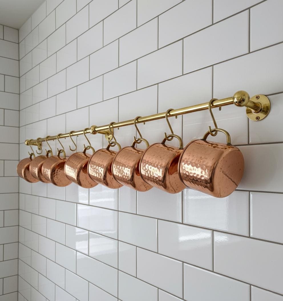 Solid Brass Kitchen Rail with Hooks – Unlacquered Hanging Utensil Bar for Wall