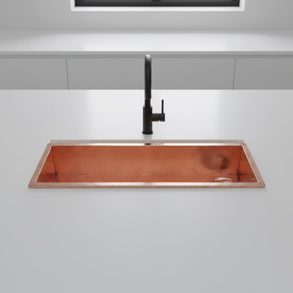 Handmade Rectangular Hammered Copper Trough Sink Solid Metal Basin for Bar and Side Kitchens