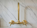 Unlacquered Brass Wall Mount Faucet, Handmade Gooseneck Kitchen Tap Water Mixer with Cross Handles
