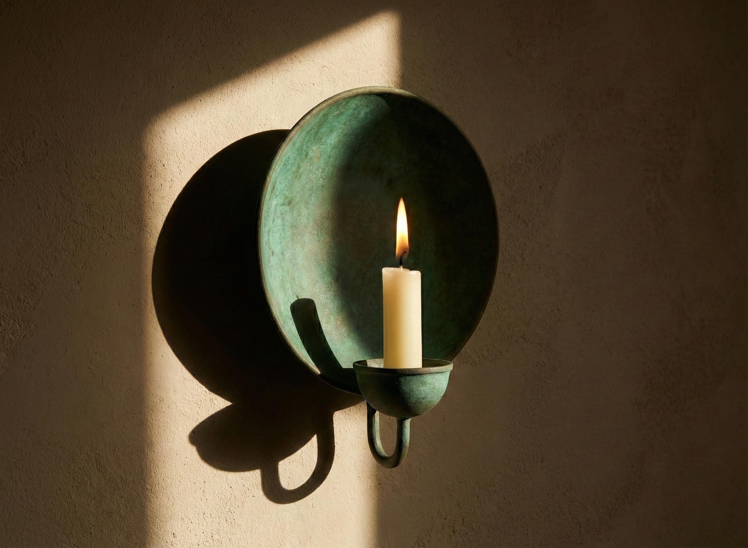 Handcrafted Copper Oxidated Wall-Mount Round Candle Holder, Brass Vintage Patina Sconce