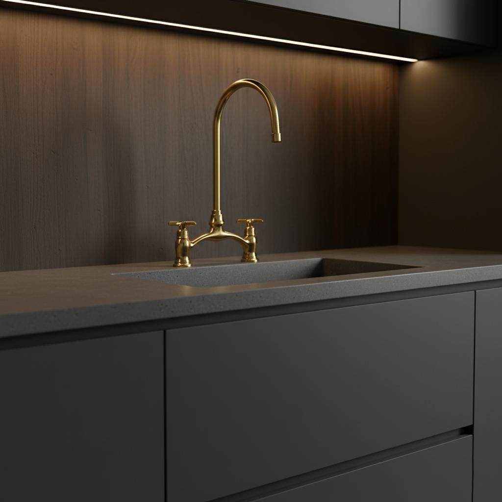 Unlacquered Brass Bridge Faucet – Solid Brass Farmhouse Sink Mixer Tap, Vintage Gooseneck Kitchen Faucet for Apron Front Sinks