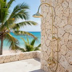 Curved Brass Shower System – Unlacquered Solid Brass Gooseneck Rain Shower with Handheld Sprayer