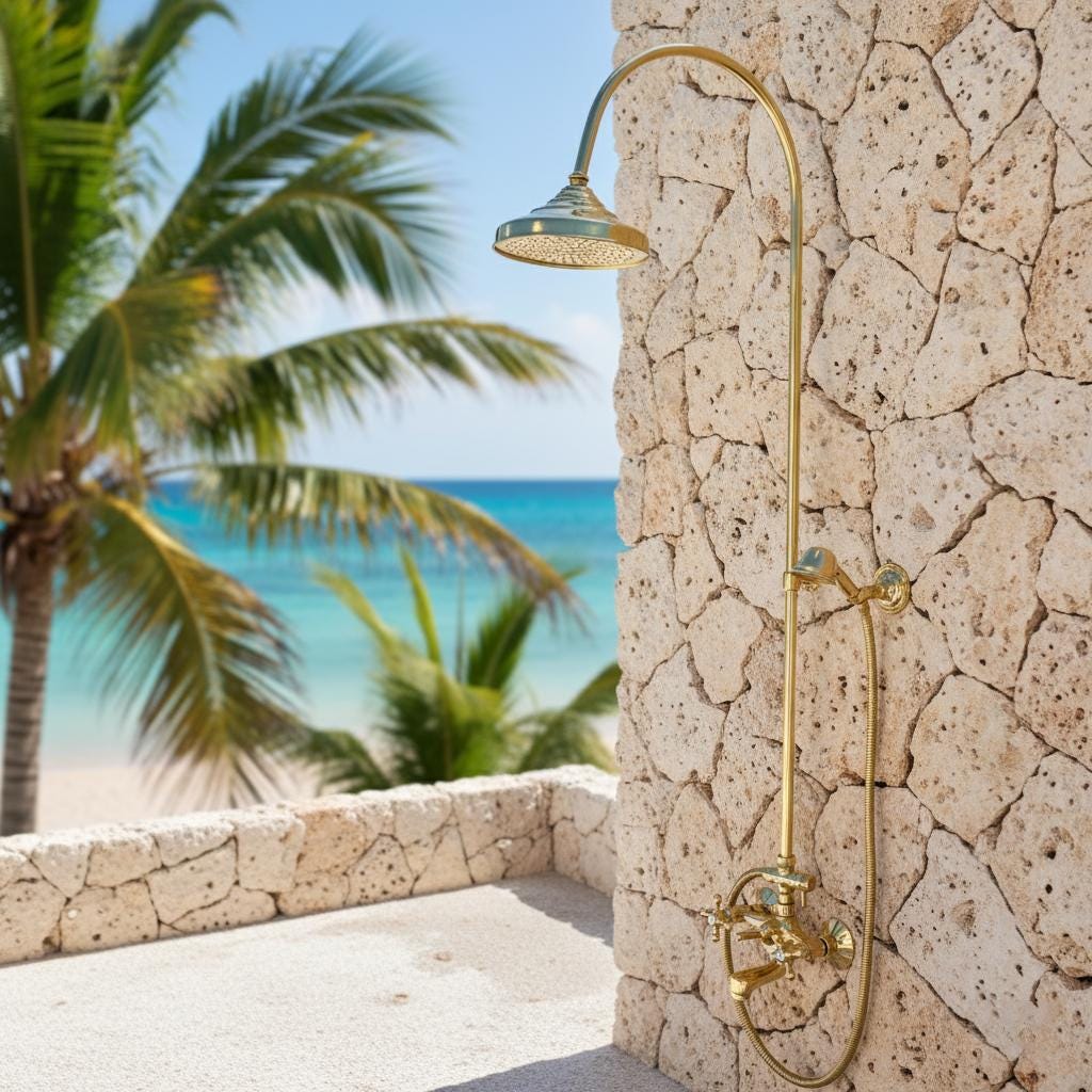 Curved Brass Shower System – Unlacquered Solid Brass Gooseneck Rain Shower with Handheld Sprayer