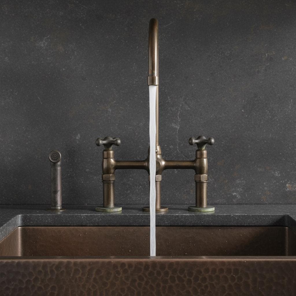 Brass Bridge Faucet with Sprayer – Handmade Kitchen Mixer Tap, Farmhouse Sink Faucet