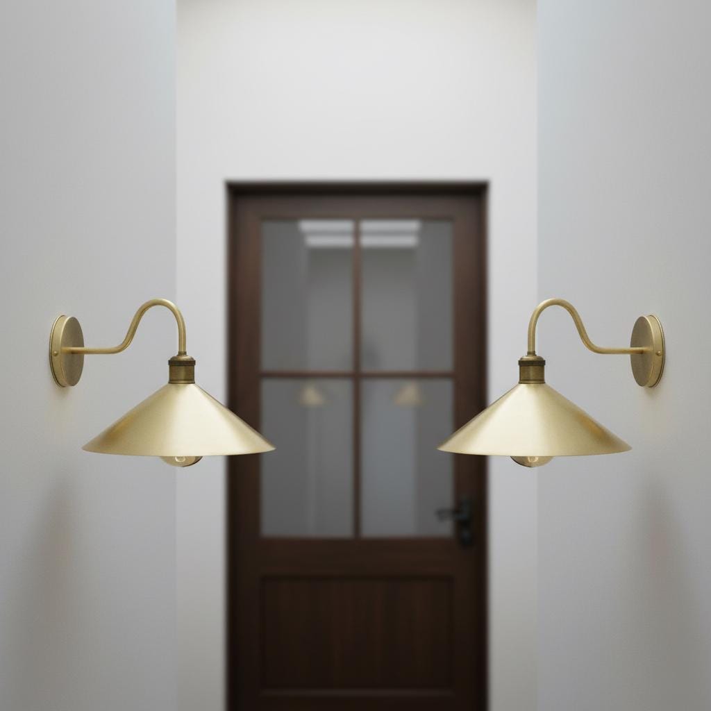 Unlacquered Brass Wall Sconce – Handmade Cone Shade Light for Bathroom, Bedroom, or Hallway