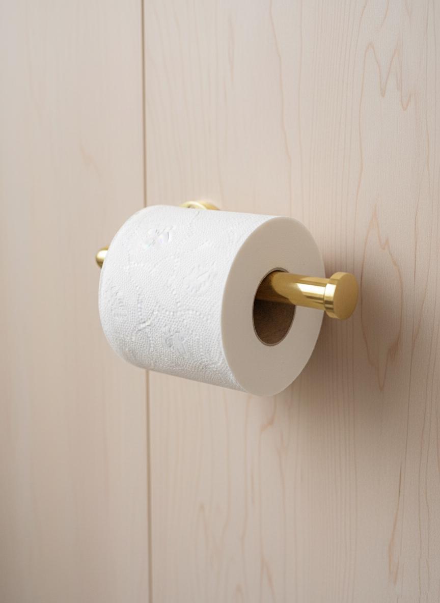 Gold toilet paper holder with a roll of toilet paper on a wooden wall.