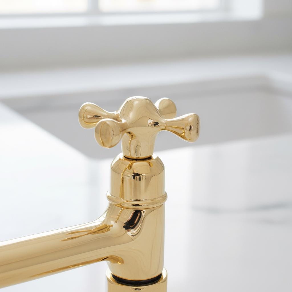 Unlacquered Brass Bridge Kitchen Faucet, Farmhouse Sink Mixer Tap, Vintage Gooseneck Faucet Fixture