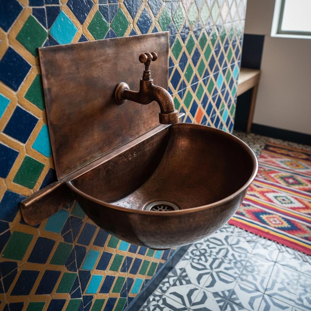 Handmade Solid Copper Wall Mount Bathroom Sink with Faucet and Backplate Vanity Basin