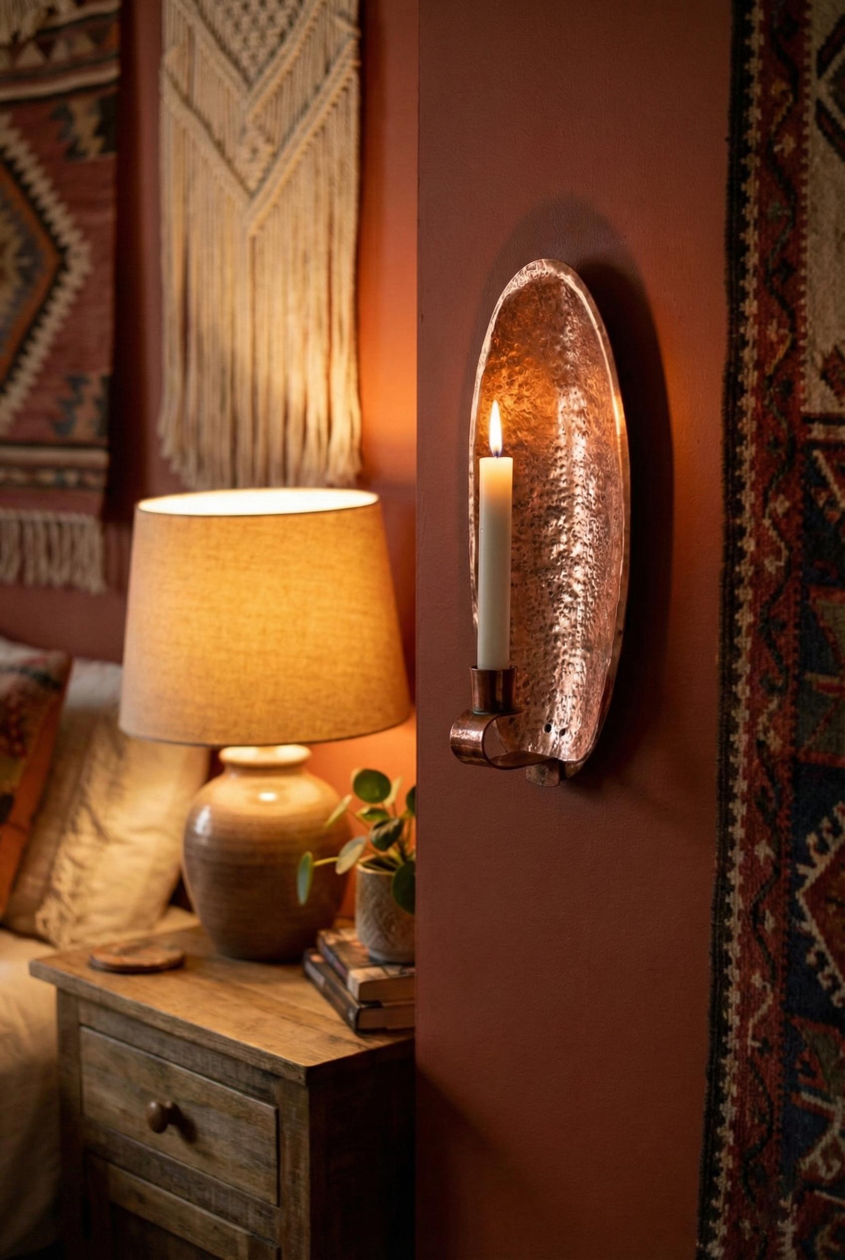 Pair of Unlacquered Copper Wall Candle Holder Hammered Oval Brass Style Sconce