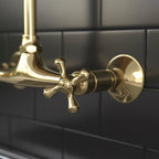 Unlacquered Brass Wall Mount Faucet – Handmade Solid Brass Gooseneck Kitchen Tap with Cross Handles for Farmhouse Sink