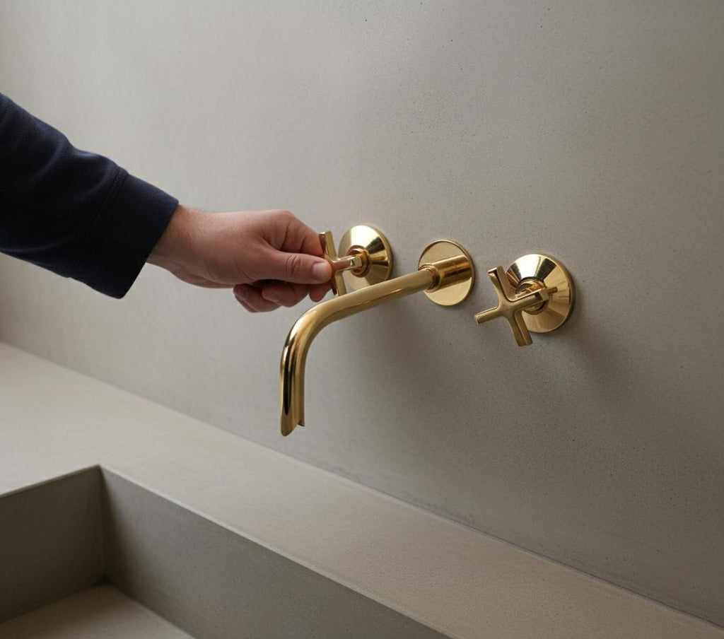 Unlacquered Brass Wall-Mount Faucet – Handmade Solid Brass Modern Cross Handle Bathroom Tap