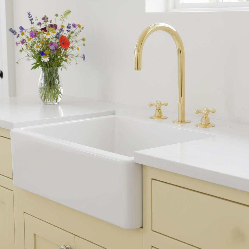 Unlacquered Brass 3-Hole Faucet – Handmade Solid Brass Gooseneck Mixer Tap with Cross Handles