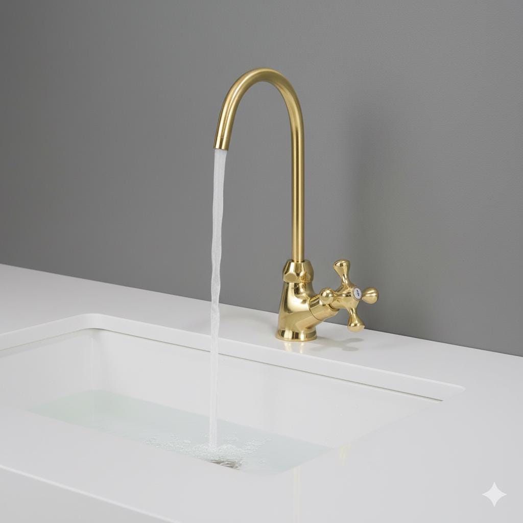 Unlacquered Brass Kitchen Faucet – Handmade Single Hole Gooseneck Tap with Cross Handle for Sink or Bathroom Vanity