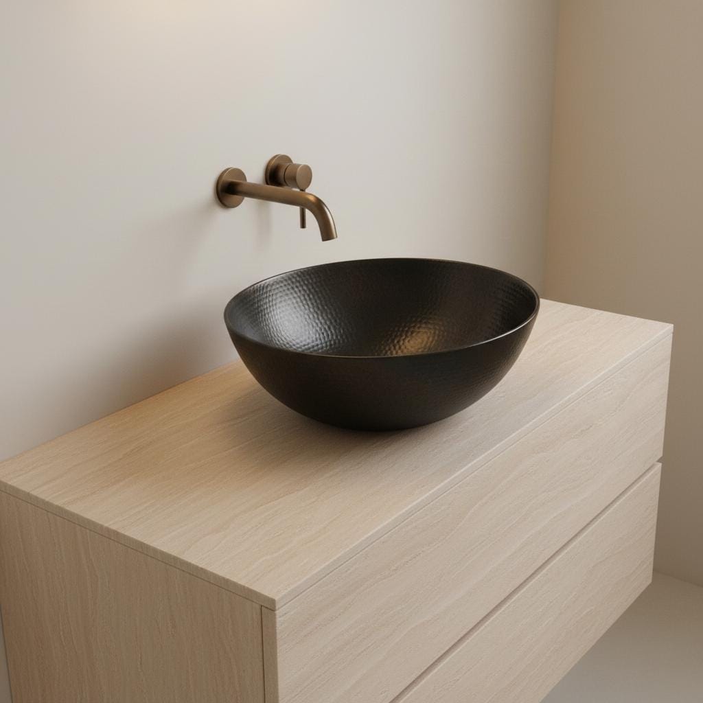 Handmade Hammered Round Vessel Sink Solid Copper Basin with Matte Black Finish for Elegant Luxury Interiors