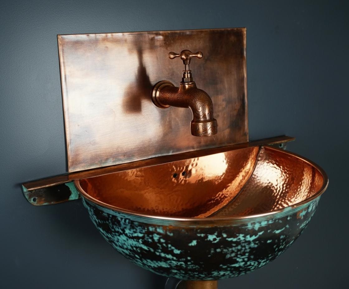 Handcrafted Turquoise Patina Copper Wall Mount Sink with Hammered Interior for Unique Luxury Bathrooms