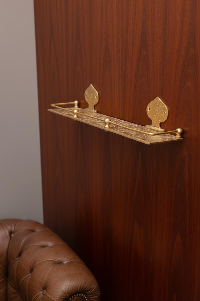 Engraved Unlacquered Brass Wall Shelf: Solid Handmade Bathroom or Hallway Decor