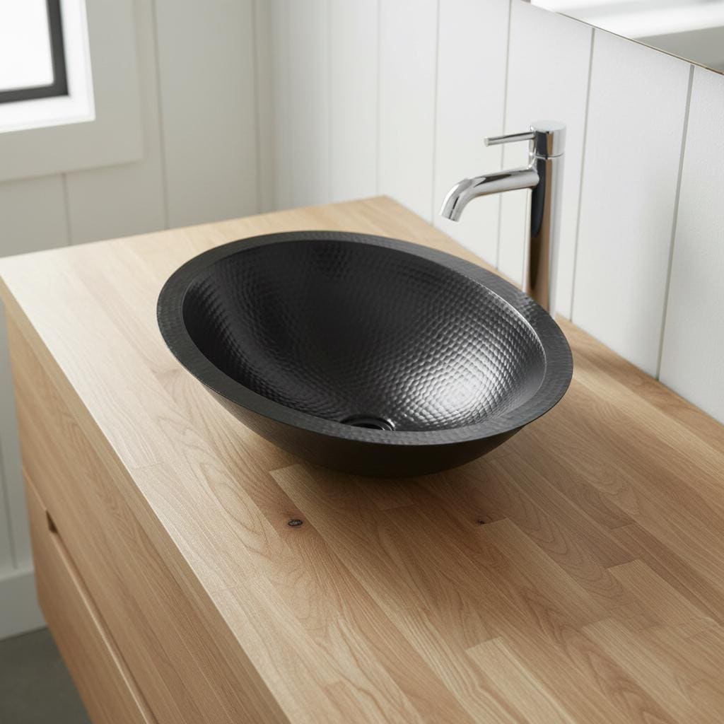 Handmade Hammered Oval Vessel Sink Solid Copper Basin with Matte Black Finish for Elegant Luxury Interiors
