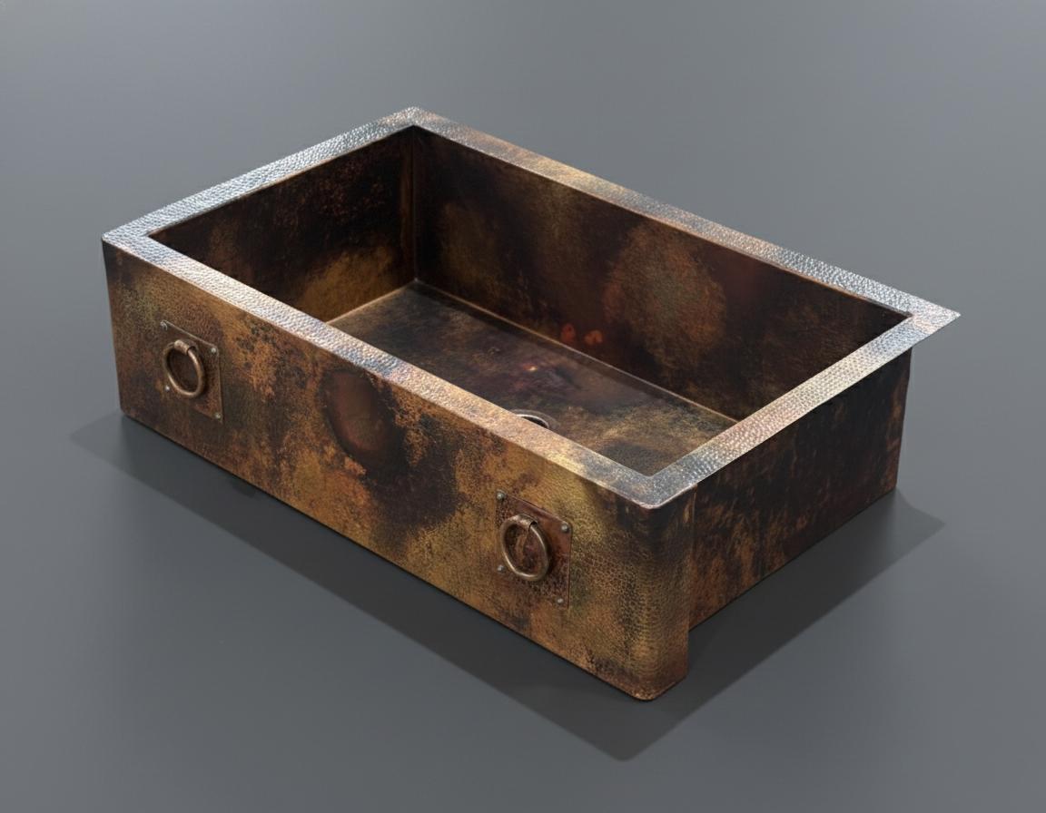 Handmade Fire Patina Farmhouse Apron Sink Solid Hammered Copper Single Bowl Kitchen Statement