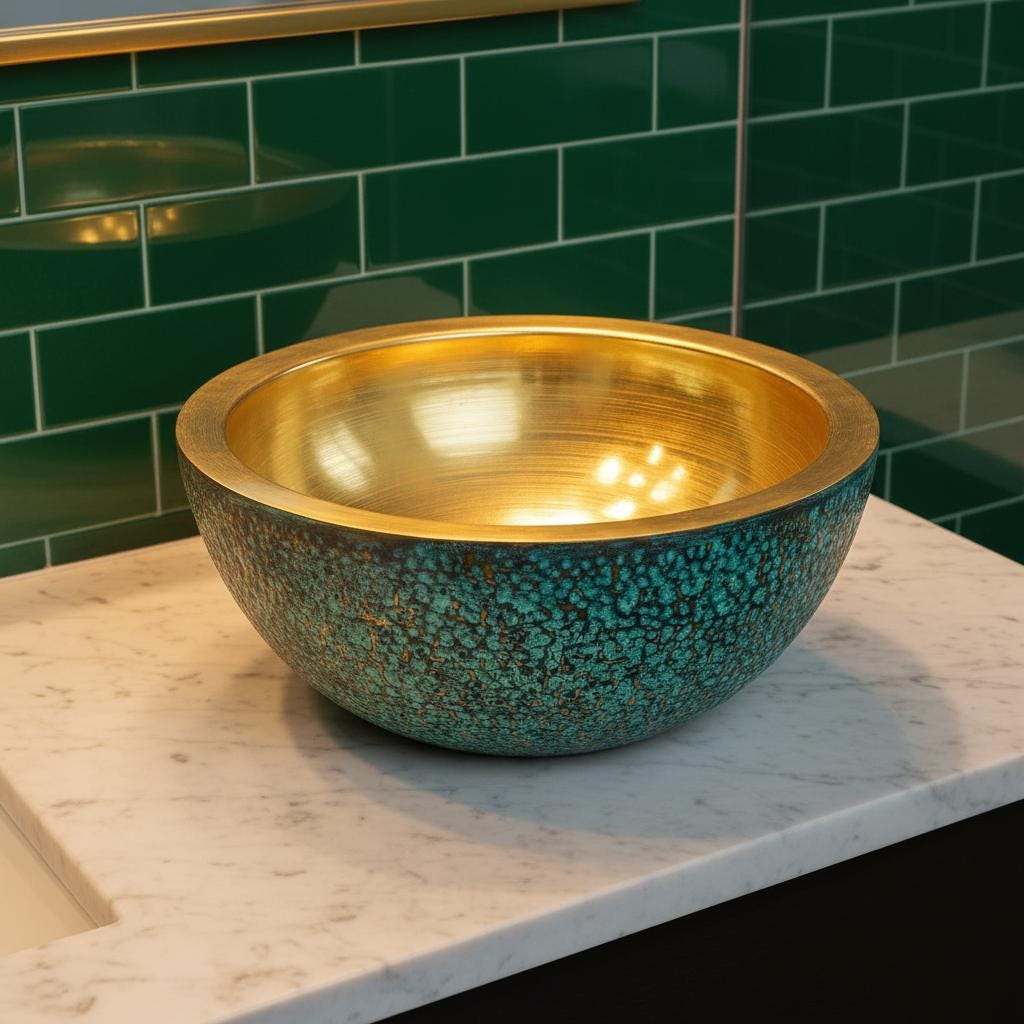Handmade Green Patina Brass Vessel Sink: Bathroom Bowl for Vanity or Powder Room