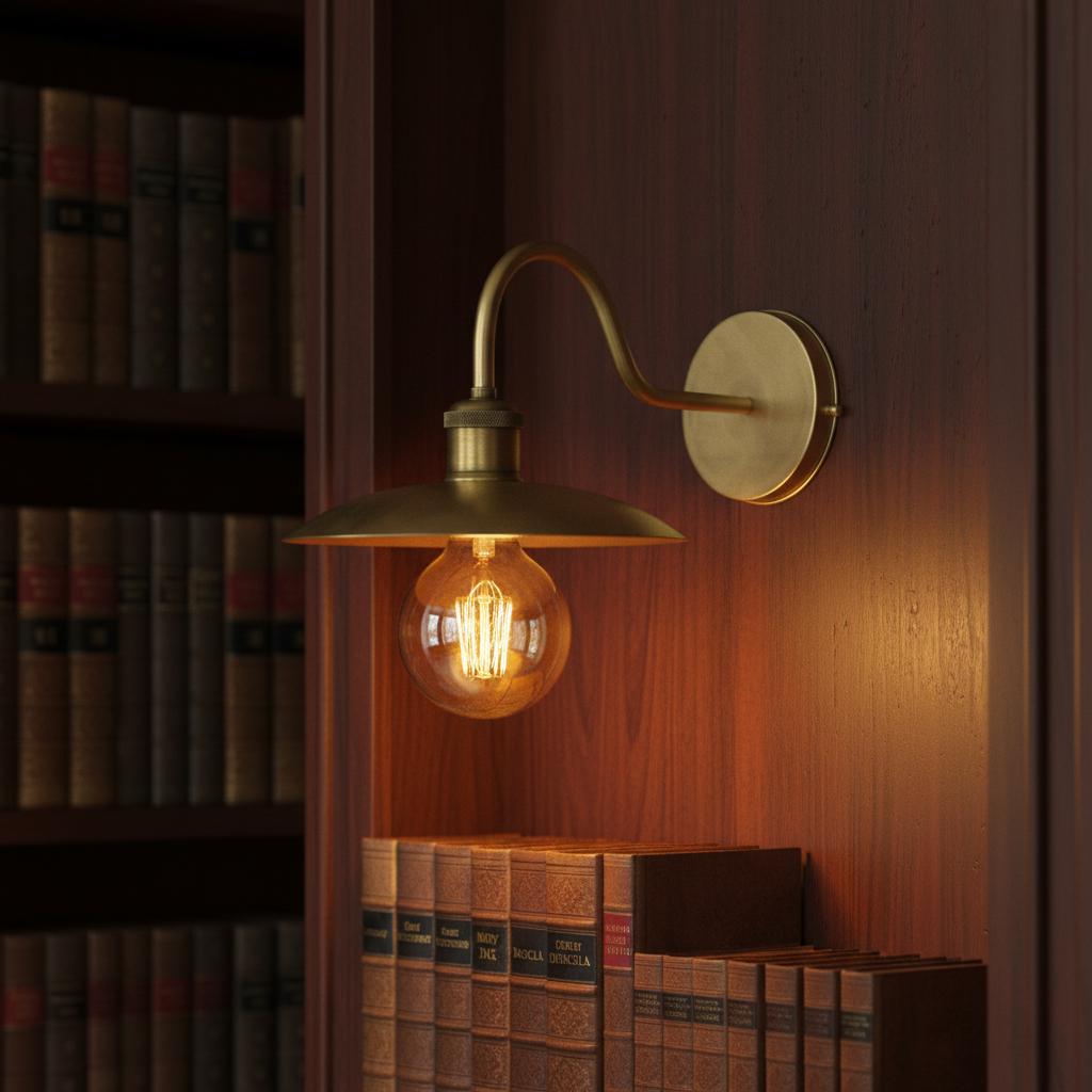 Unlacquered Brass Wall Light – Handmade Curved Arm Sconce with Wide Shade and Edison Bulb