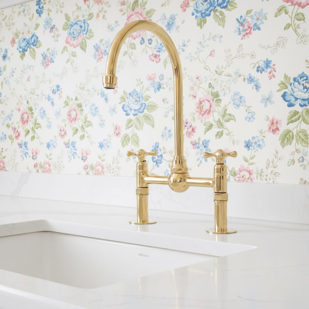 Unlacquered Brass Bridge Faucet – Solid Brass Kitchen Mixer Tap, Luxury Gooseneck Farmhouse Sink Fixture