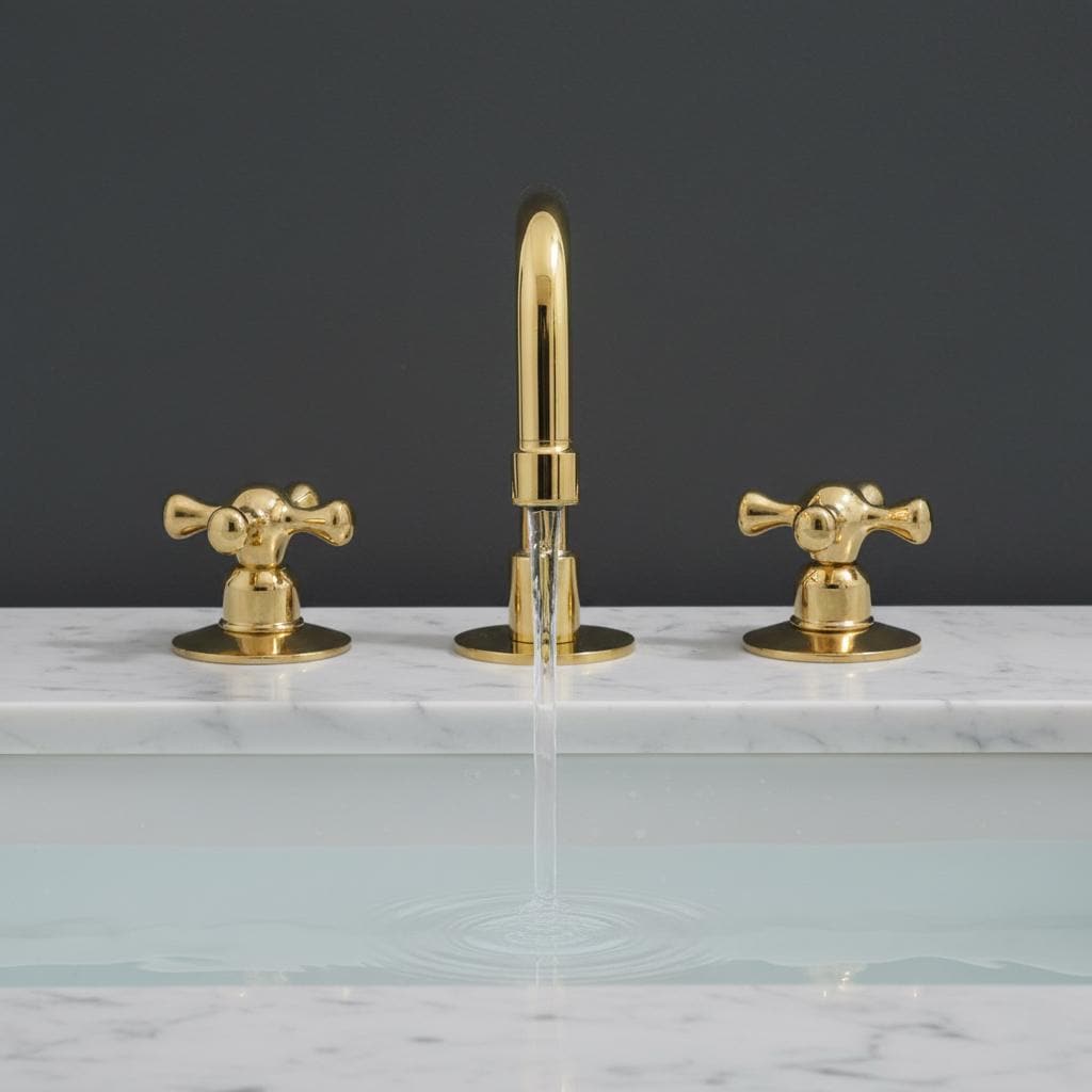 Gold faucet set on a marble countertop with a dark background
