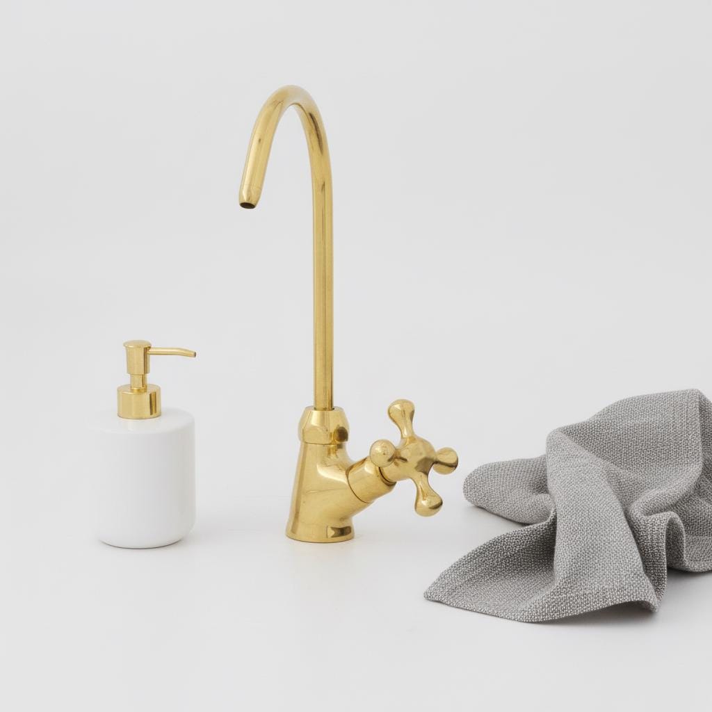 Unlacquered Brass Kitchen Faucet – Handmade Single Hole Gooseneck Tap with Cross Handle for Sink or Bathroom Vanity