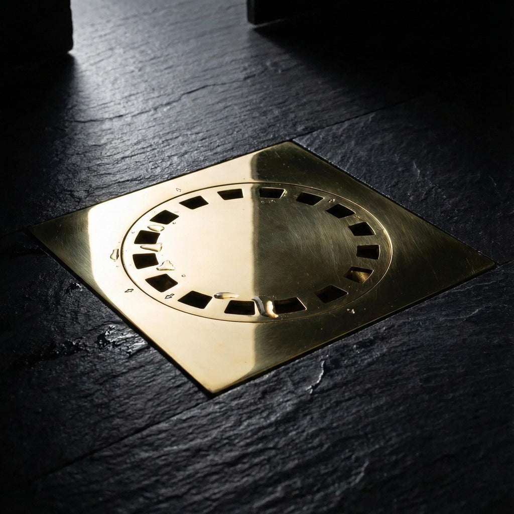 Solid Brass Square Floor Drain Cover – Luxury Shower Drain with Removable Round Strainer for Bathroom