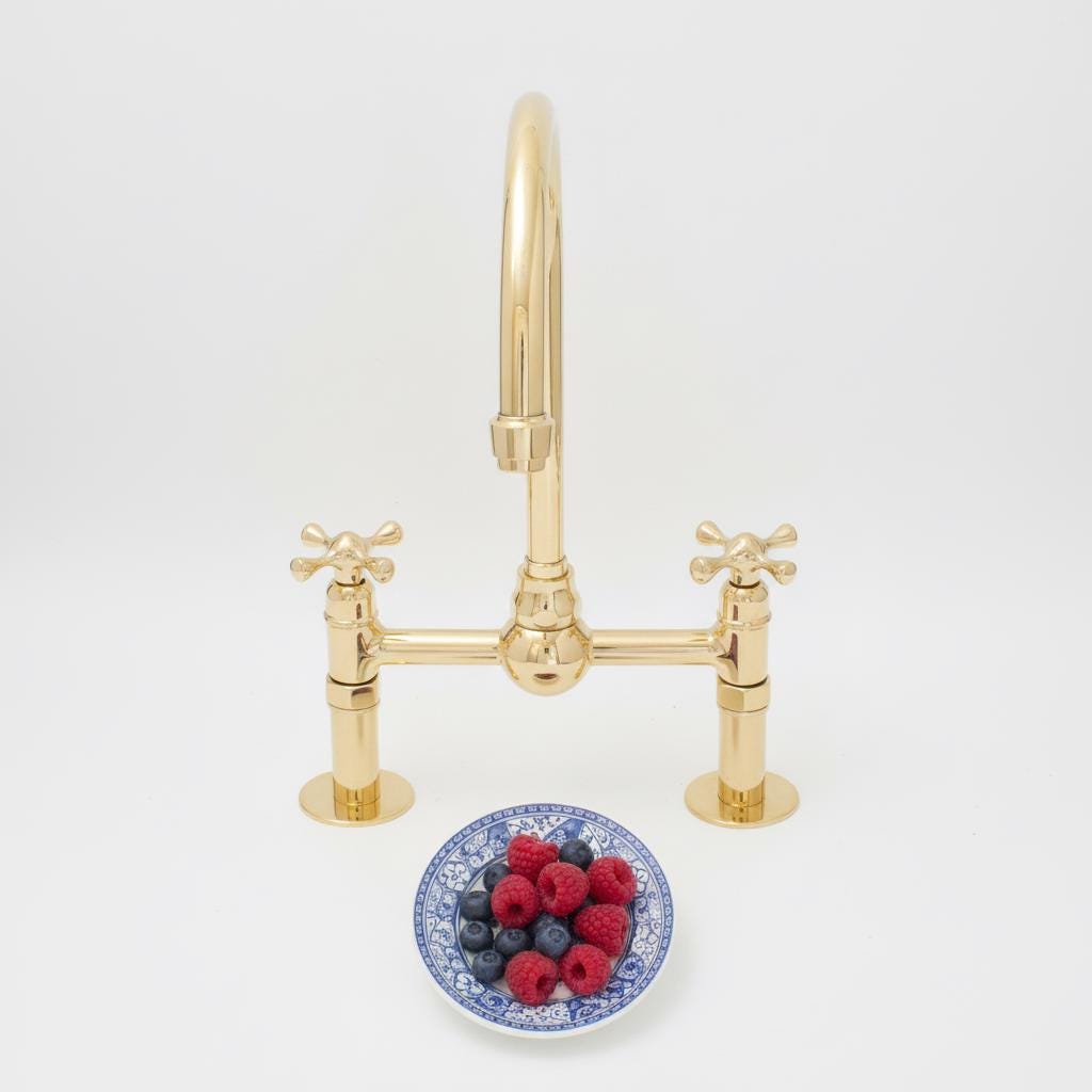 Unlacquered Brass Bridge Faucet – Solid Brass Kitchen Mixer Tap, Luxury Gooseneck Farmhouse Sink Fixture