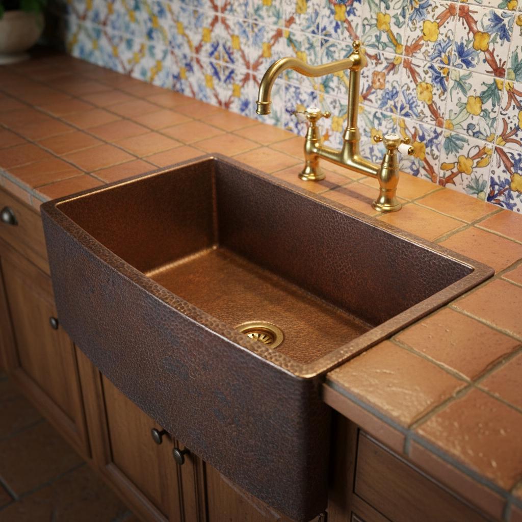 Handmade Hammered Apron Front Farmhouse Sink Solid Copper Single Bowl with Oil Patina